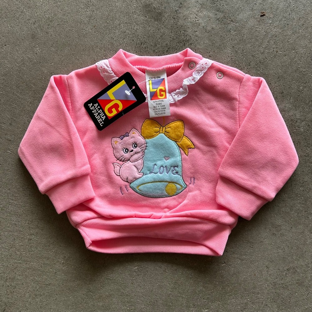 BRAND NEW Vintage 90s Cat Love Sweatshirt Size 0-6 Months Baby Pink Crewneck NWT